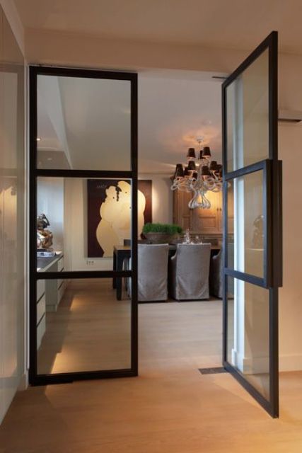 black metal glass doors with simple modern design