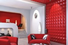 16 decorative 3D wall panels in red keep the decor style of the room