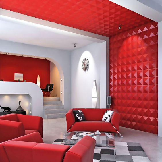 decorative 3D wall panels in red keep the decor style of the room