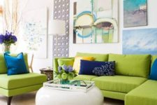 16 lime green upholstery, blue and navy pillows and art works