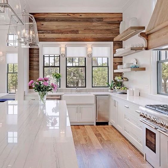 rustic kitchen with reclaimed wood in decor and beautiful white quartz counters