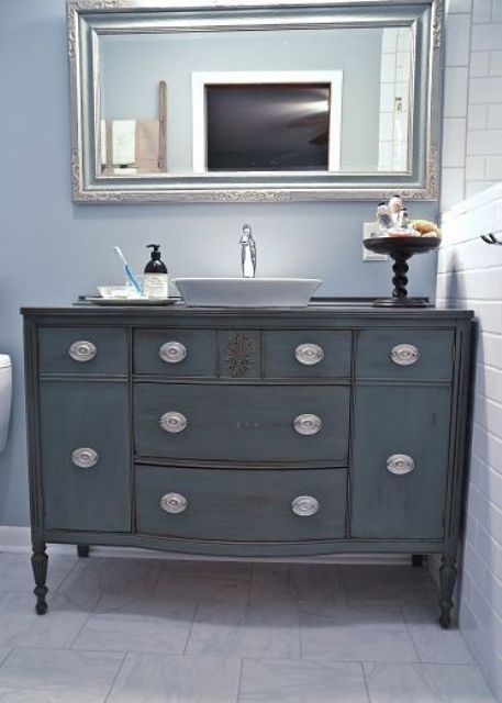 vintage blue-grey color bathroom vanity with eye-catchy knobs
