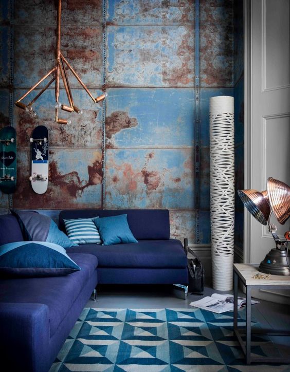 Metal wall coverings with patina imitated to give your space a slightly industrial look
