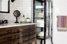 19 rustic reclaimed wood bathroom vanity with metal handles and an open shelf