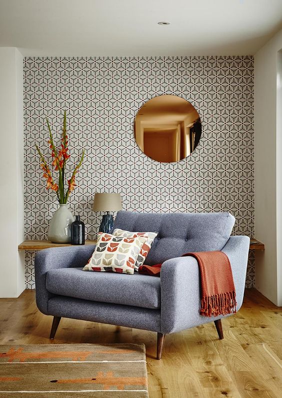 Classic geometric print wallpaper for a mid century modern living room