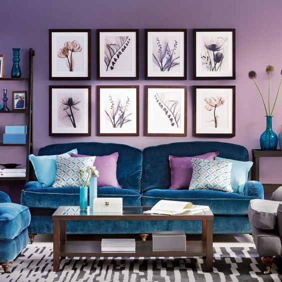 lavender as a dominant color, teal upholstery and accessories