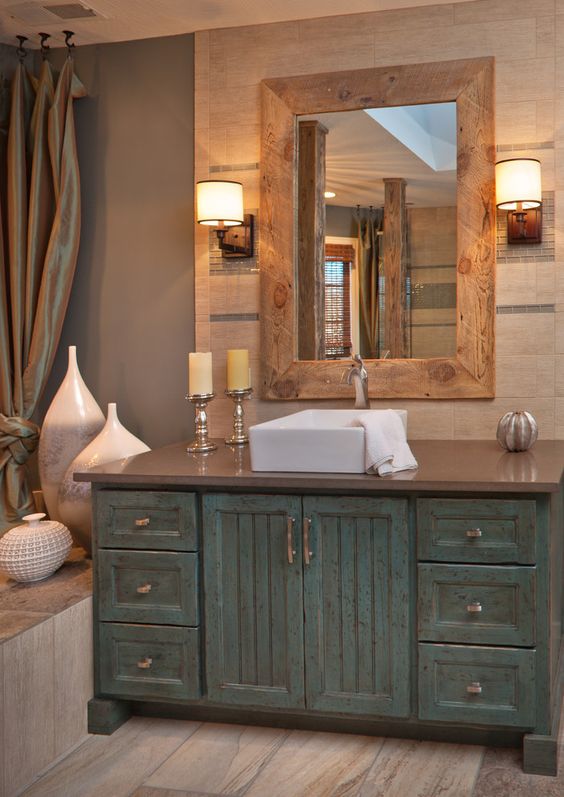 rustic shabby chic patina bathroom vanity with a dark counter