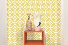 22 geometric yellow and white wallpaper with tine flowers in an entryway
