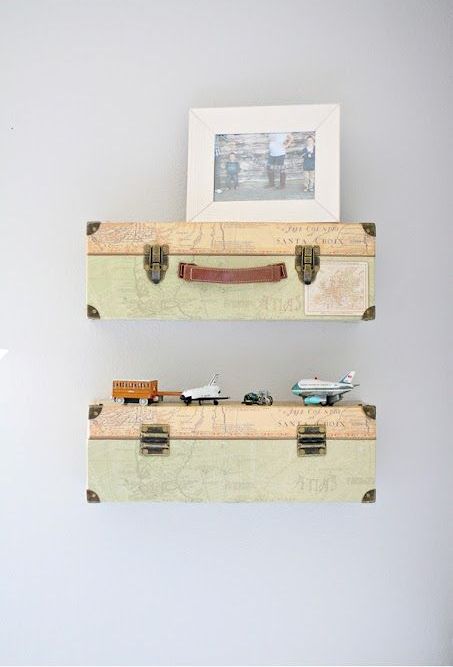 suitcase bookshelves will be great for any room, and you can add your travel photos there
