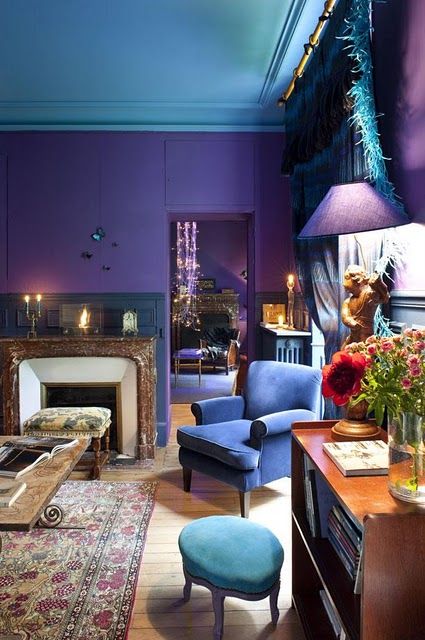 boho chic room with bold violet and blue, lots of patterns and textures