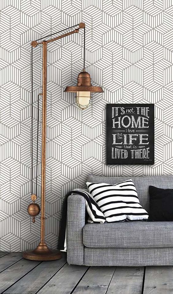 grey geometric wallpaper will be great for a modern or industrial living room