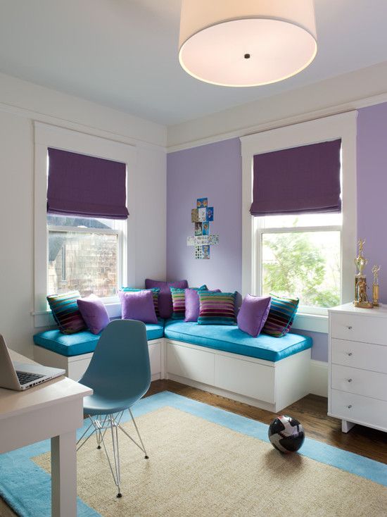 bold turquoise and purple boy's room decor with creamy shades