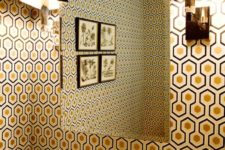 25 hexagon print with gold inside and retro faucets for a bathroom