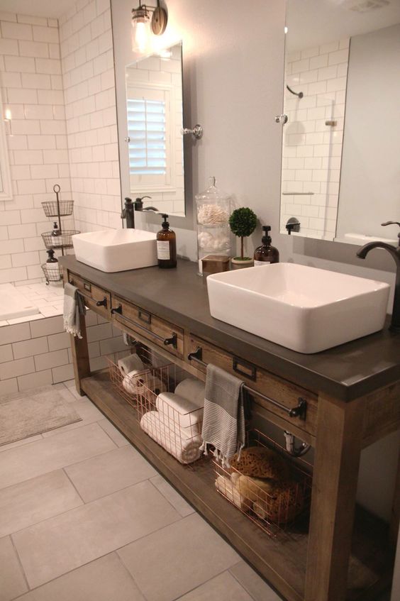 reclaimed wood double vanity with a concrete countertop for more durability