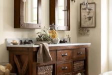 25 rustic industrial dark stained wood vanity with baskets and a contrasting top