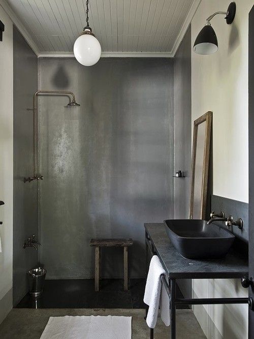 black metal bathroom vanity with pipes for hanging towels