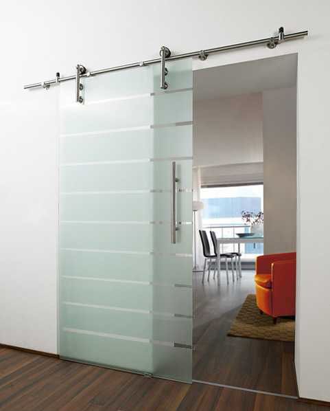 etheced glass and nickel barn door for a modern home