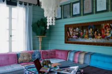 26 large boho chic living room with turquoise walls and colorful upholstery