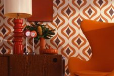 26 orange and brown geo mid-century modern wallapaper and corresponding furniture