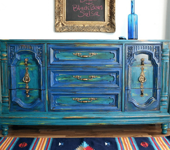 stunning bold green and blue vintage dresser with brass detailing