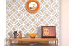 27 orange and grey wallpaper with a geometric print for an entryway