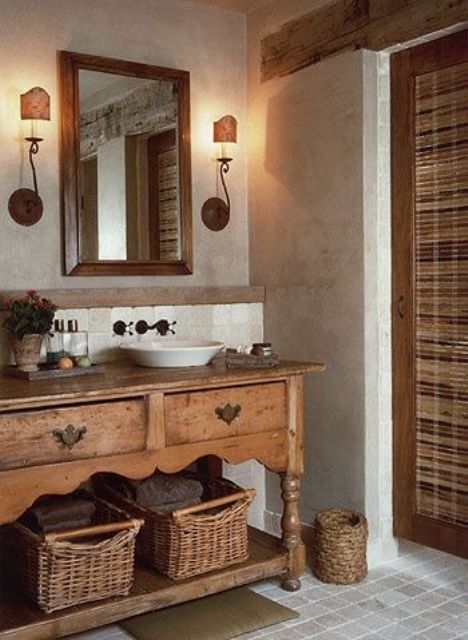 rustic vintage bathroom vanity with baskets and drawers