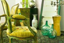27 sage green carper and accessories, yellow upholstery and emerald touches