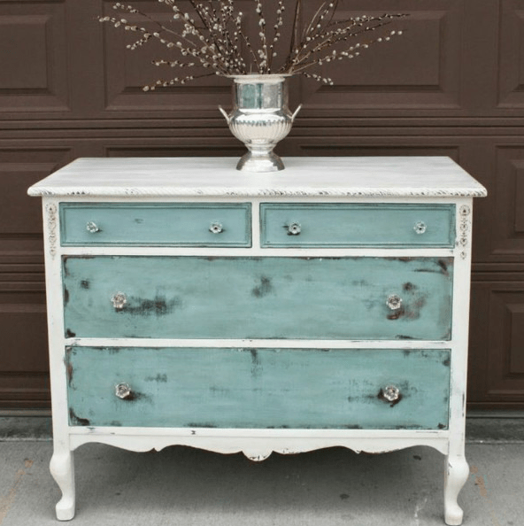 white and aqua dresser with a watercolor touch