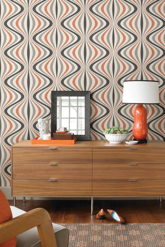 orange, white and grey wallpaper with a geometric look