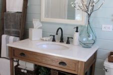 28 rustic wood bathroom vanity with open shelving and a drawer, a white counter