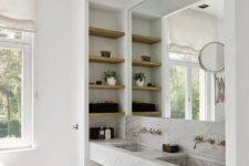 30 minimalist bathroom with a niche with storage shelves and a mirror