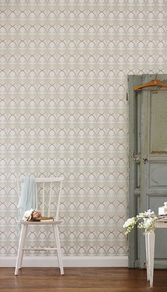 retro styled wallpaper design featuring an all over geometric pattern in neutral colors
