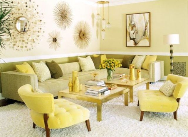 sunny yellow and green upholstery, light yellow walls for a summer-inspired living room