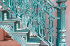 31 gorgeous blue-painted iron stairs and railing with a unique pattern