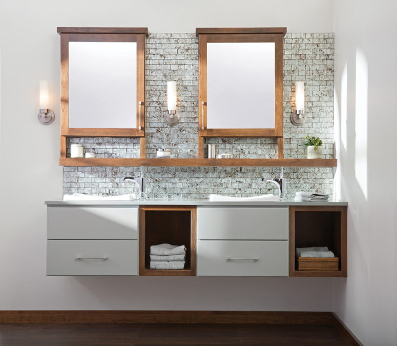 You can combine several cabinets into a single vanity with a long countertop. (Dura Supreme Cabinetry)