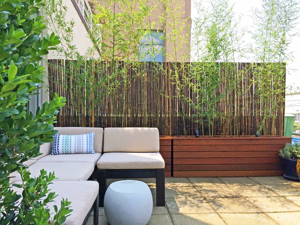 Bamboo roll fencing works great in combination with real bamboo in wooden planters. (Amber Freda Garden Design)