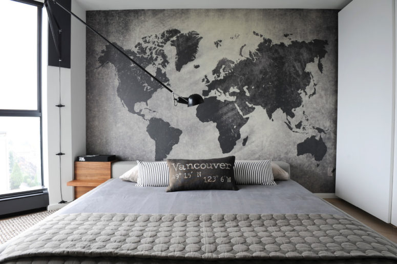 a world map headboard is an interesting solution for a travel-inspired bedroom (Gaile Guevara)