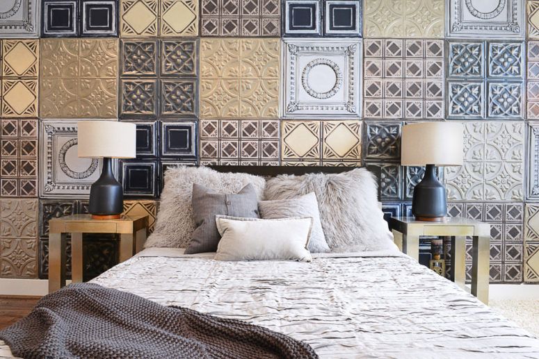 mixed vintage-inspired tiles looks chic on a wall of this bedroom (Contour Interior Design, Inc.)