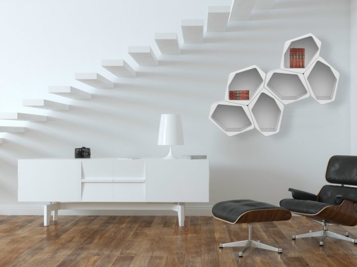 It can be wall mounted or standing, and easily reconfigured if you want
