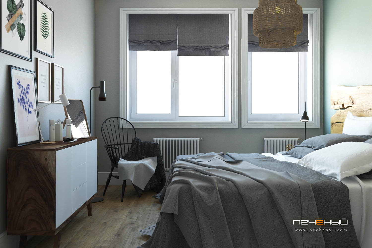 The bedroom is done in light grey and with warm woods, botanical artworks enliven it and raw wood makes the space cozier
