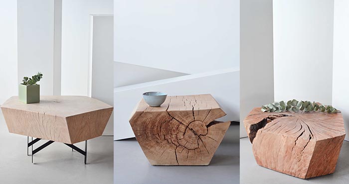 Geometrically shaped side tables with natural cracks left as they are