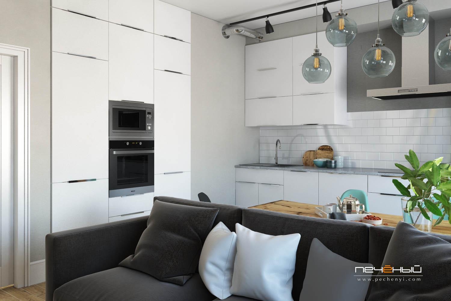 The modern white kitchen in grey and white with subway tiles is fresh and functional, no handle cabinets look neat