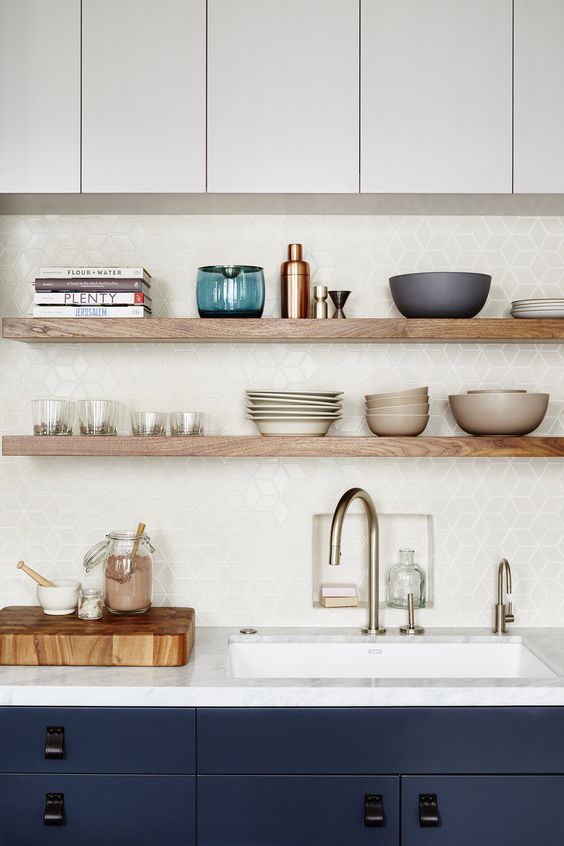 wooden shelves look perfect in a minimalist kitchen