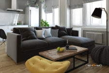 06 I love the rustic wood coffee table, a knitted pouf, a sunny yellow chair for a bold touch, and a graphite grey sofa works as a space divider