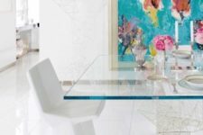 06 a glass top dining table for modern feminine space and white sculptural chairs
