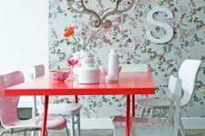 07 a cute red dining table and a blush chair make the space girlish