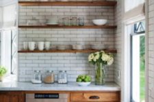 07 white subway tiles and warm wood shelves in front of a white wall