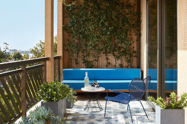 A small terrace or a big balcony is covered with greenery and there are potted succulents