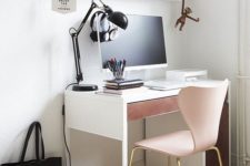 08 a white minimalist desk with a pink drawer and a blush chair