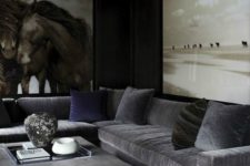 09 a corner grey velvet sofa with a matching ottoman